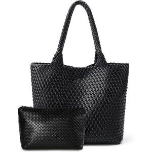 Chic Vegan Leather Woven Tote Bag with Matching Clutch - Large Stylish Accessory